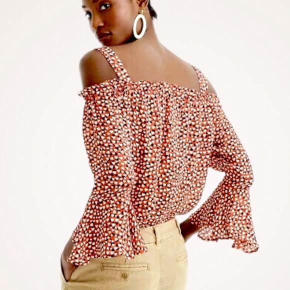 J. Crew Cold Shoulder Silk Top Blouse in Heart Print Rustic Rose Red Size 2 - Picture 3 of 13
